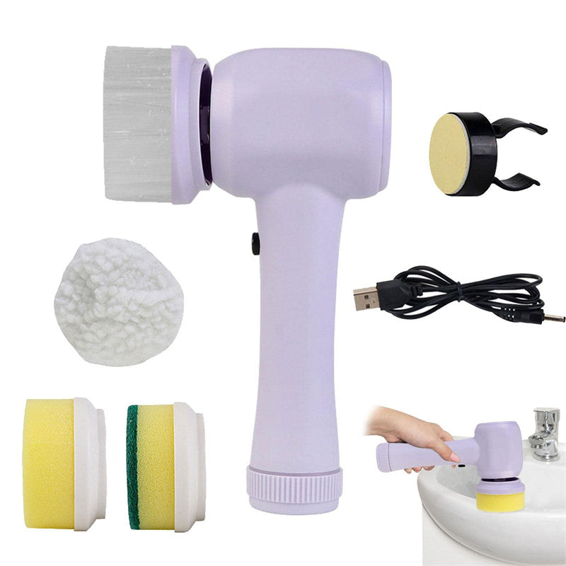 Cordless 4-in-1 electric spin scrubber full kit with accessories on white background