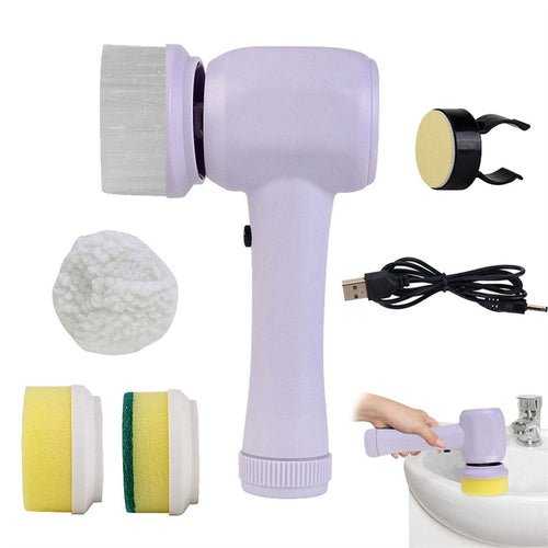 Cordless 4-in-1 electric spin scrubber full kit with accessories on white background