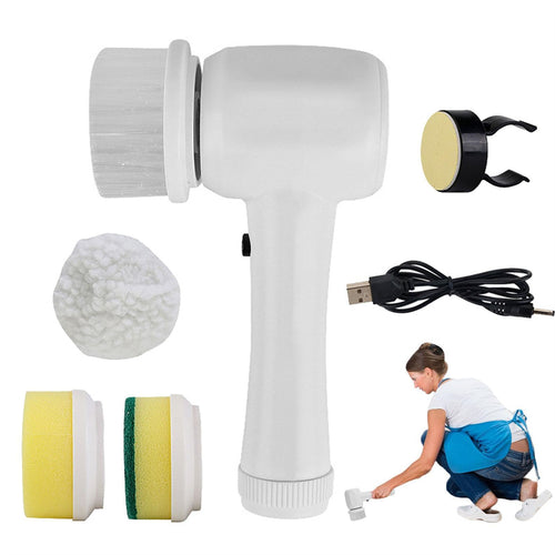 White cordless spin scrubber with 4 interchangeable brush heads