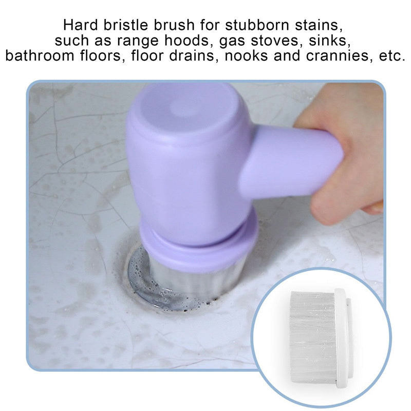 Electric scrubber with stiff bristle head cleaning floor drain stains