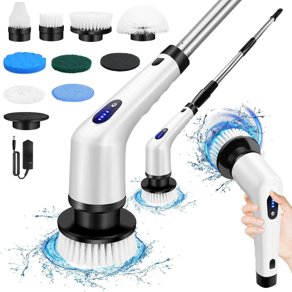 Electric spin scrubber cleaning floor with extension handle